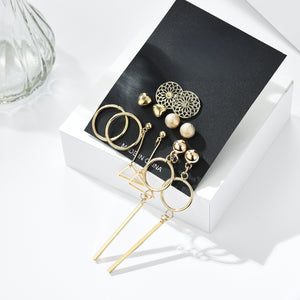 Korean Gold Alloy Heart Hoop Floral Stud Geometric Long Bar Dangle Women's Fashion Earrings