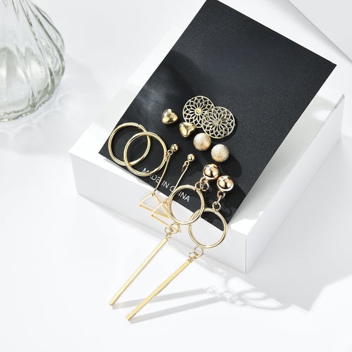 Korean Gold Alloy Heart Hoop Floral Stud Geometric Long Bar Dangle Women's Fashion Earrings