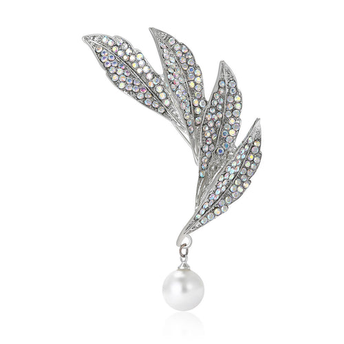 Alloy Rhinestone Four Leaf Brooch With Pearl Pendant For Cardigans