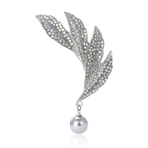 Alloy Rhinestone Four Leaf Brooch With Pearl Pendant For Cardigans