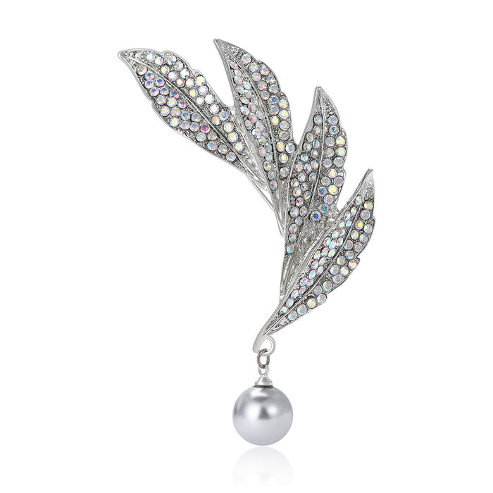Alloy Rhinestone Four Leaf Brooch With Pearl Pendant For Cardigans