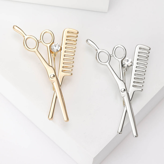 Metal Scissors Comb Brooch Pin For Barber Lapel Accessories