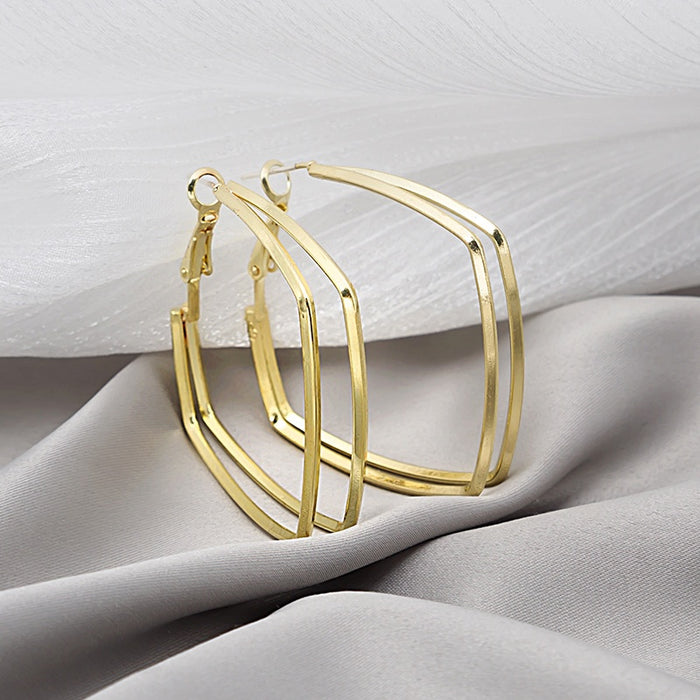 Elegant Gold Alloy Double Layer Geometric Square Hoop Earrings For Women Statement Metal Ear Clip Earrings