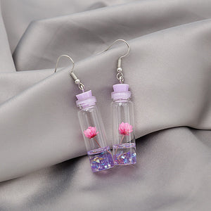 Elegant Cute Transparent Drift Bottle Acrylic Crystal Dried Lotus Flower Drop Dangle Earrings