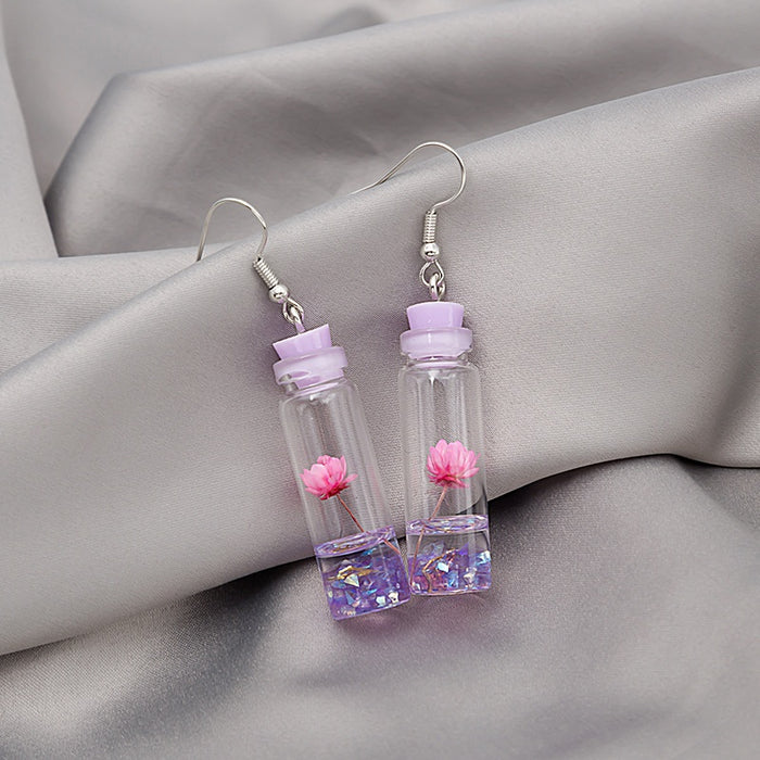 Elegant Cute Transparent Drift Bottle Acrylic Crystal Dried Lotus Flower Drop Dangle Earrings