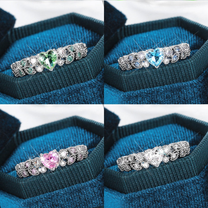 Blue Ocean Heart Zircon Ring For Women Heart Shaped Statement Finger Jewelry