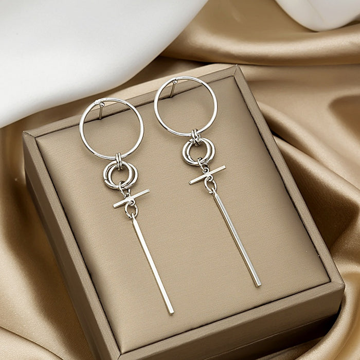 Korean Asymmetric Circle Stick Long Tassel Alloy Drop Stud Earrings