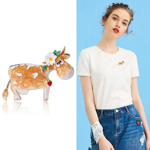 Alloy Enamel Flower Cow Brooch Pin Pendant For Suit Lapel
