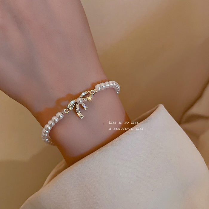 Gold Plated Alloy Baroque Pearl Bow Beaded Bracelet Korean Fashion Butterfly Charm Jewelry