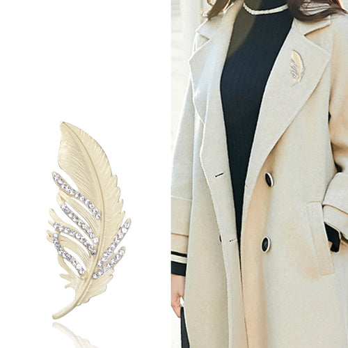 Alloy Rhinestone Feather Brooch Pin For Collar And Lapel