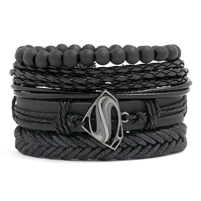 New European American Vintage Multilayer Braided Cowhide Bracelet 4 Piece DIY Set For Men