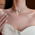 Gold Plated Alloy Korean Vintage Pearl Rhinestone Flower Collarbone Necklace For Women view 4