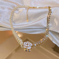 Gold Plated Alloy Korean Vintage Pearl Rhinestone Flower Collarbone Necklace For Women view 3