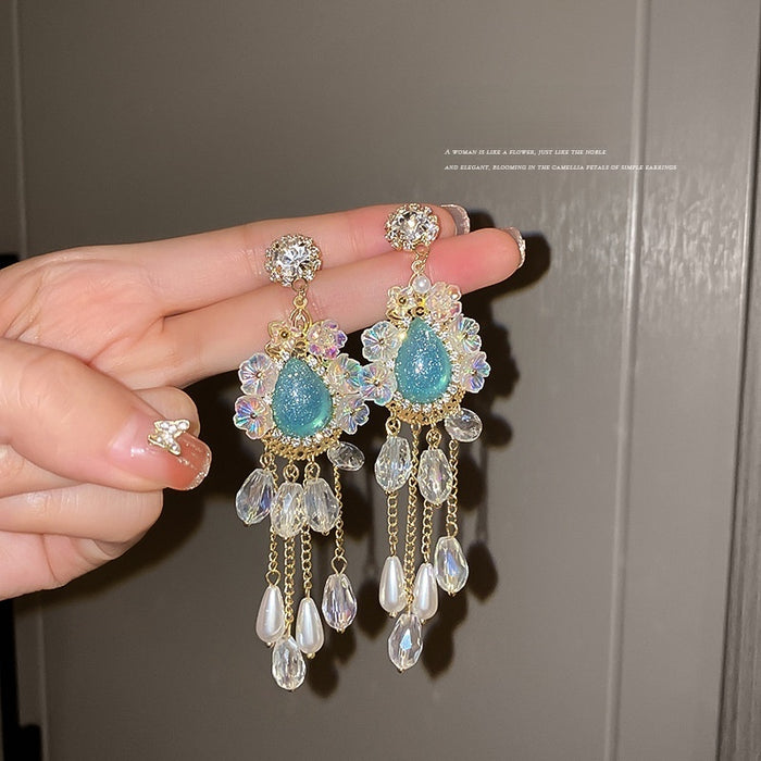 Vintage Alloy Rhinestone Faux Crystal Pearl Tassel Long Drop Earrings