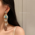 Vintage Alloy Rhinestone Faux Crystal Pearl Tassel Long Drop Earrings view 4