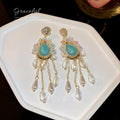 Vintage Alloy Rhinestone Faux Crystal Pearl Tassel Long Drop Earrings view 3