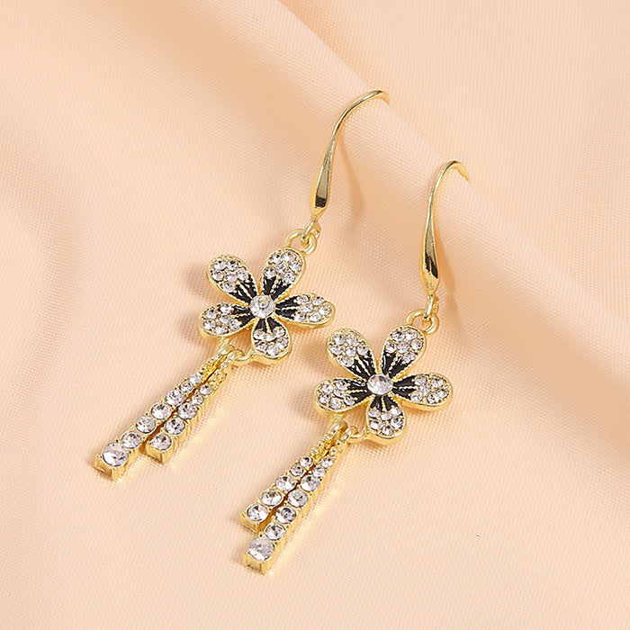 Elegant Gold Alloy Rhinestone Flower Drop Tassel Hook Earrings With Vintage Luxury Crystal Charm Earrings