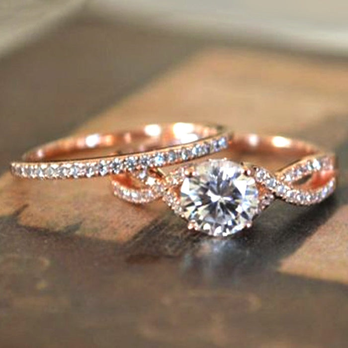 Rose Gold Cubic Zirconia Women's Couple Ring Set, Cross-Border Fashion Jewelry