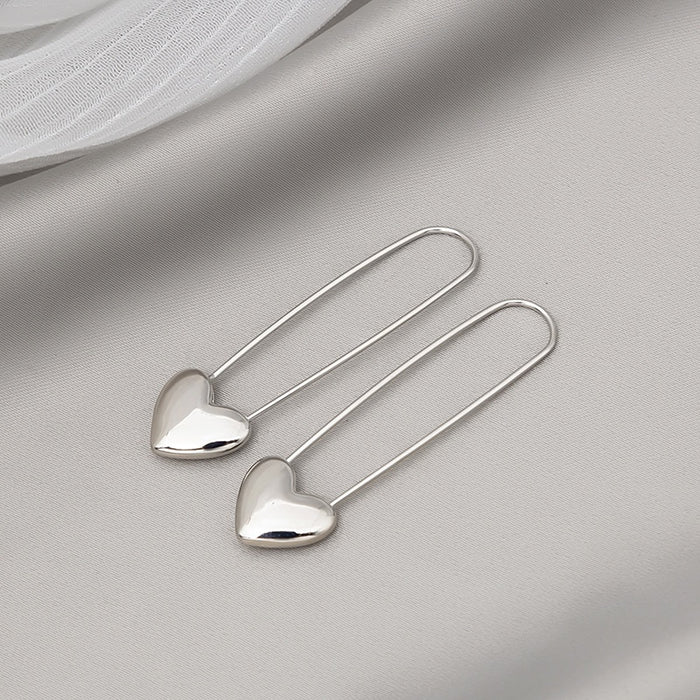French Vintage Silver Alloy Heart Safety Pin Drop Earrings, Minimalist Elegant Commuter Stud Earrings