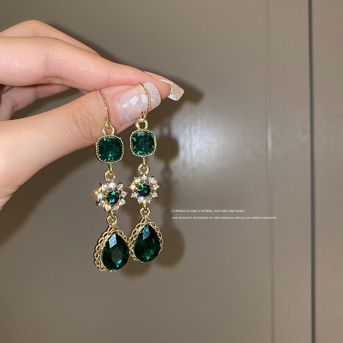 Vintage Alloy Teardrop Flower Zircon Emerald Ear Hook Drop Earrings For Women