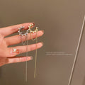 Korean Minimalist Pearl Tassel Rhinestone Ear Cuff Clip-on Earrings, Long Geometric No Piercing Style view 2