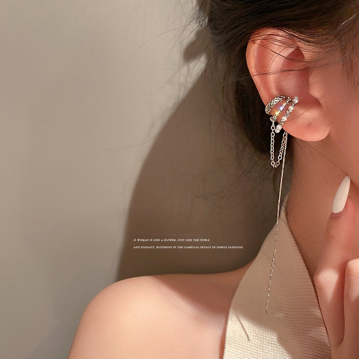 Korean Minimalist Pearl Tassel Rhinestone Ear Cuff Clip-on Earrings, Long Geometric No Piercing Style