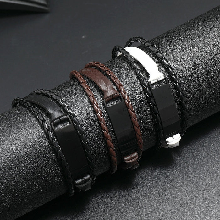 Fashion Multi Layer Braided Men's Leather Bracelet Smooth Personalized Engraved Wrist Jewelry