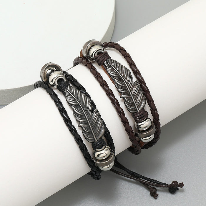 Fashion Simple Alloy Feather Beaded Leather Bracelet For Men And Women Trendy Wristband