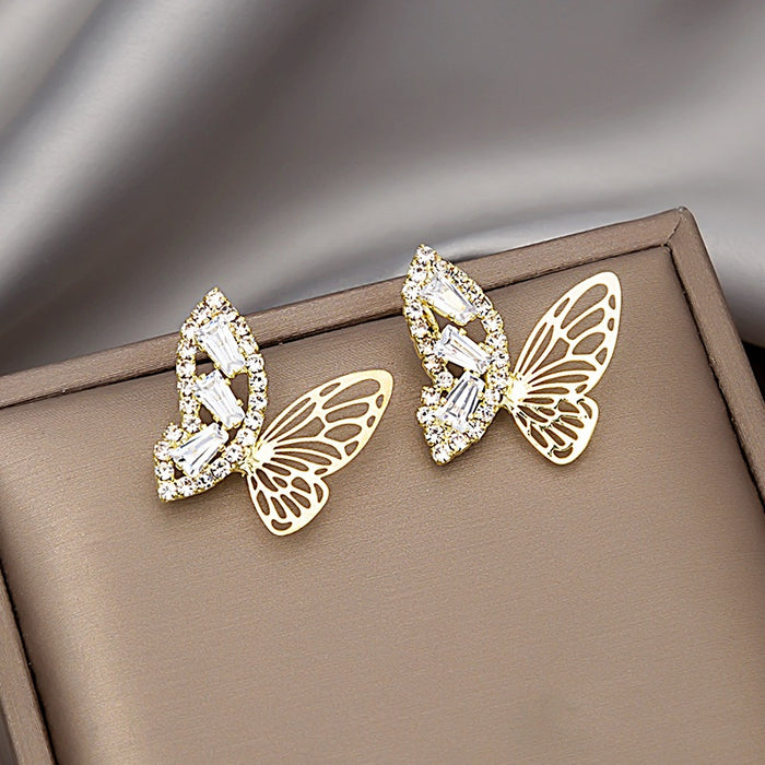 Elegant Luxury Zircon Rhinestone Butterfly Wing 925 Silver Needle Korean Fashion Women's Stud Earrings