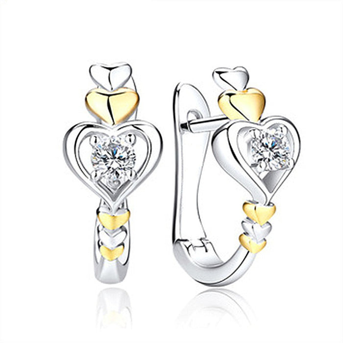 Korean Creative Heart Shape Earrings For Women, Two Tone Linked Heart Stud Ear Cuff Jewelry