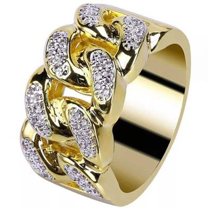 Gold Plated Rhinestone Men's Creative Chain Ring European American Fashion Hand Jewelry