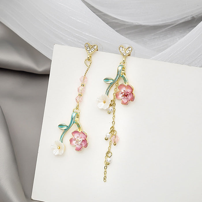 Elegant Asymmetric Cherry Blossom Branch Heart Studs With Rhinestone Pearl Enamel Long Tassel Earrings