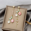 Elegant Asymmetric Cherry Blossom Branch Heart Studs With Rhinestone Pearl Enamel Long Tassel Earrings view 4