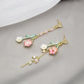 Elegant Asymmetric Cherry Blossom Branch Heart Studs With Rhinestone Pearl Enamel Long Tassel Earrings view 2