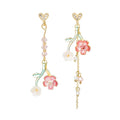 Elegant Asymmetric Cherry Blossom Branch Heart Studs With Rhinestone Pearl Enamel Long Tassel Earrings view 5