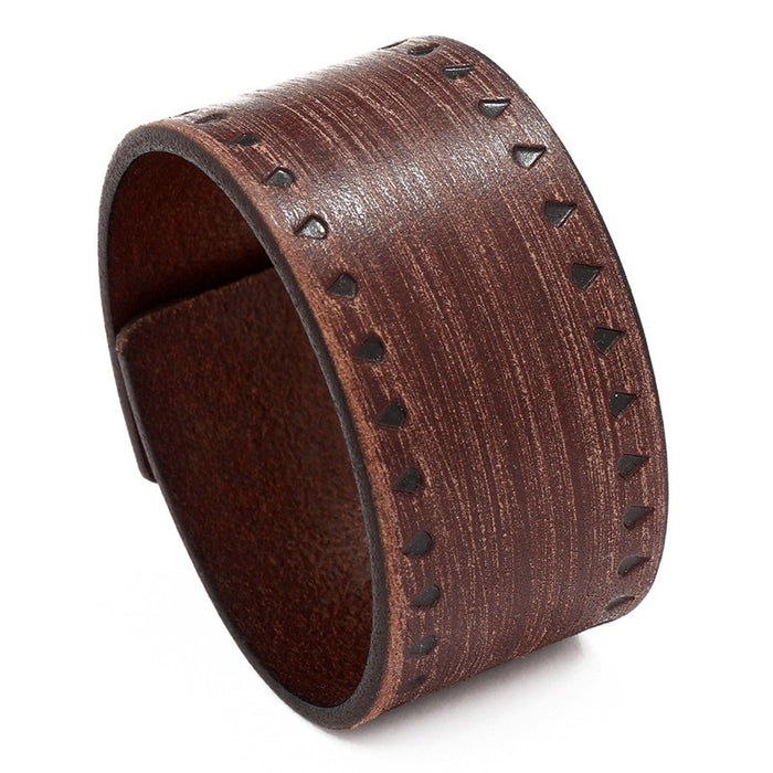 Vintage Distressed Embossed Cowhide Wide Leather Bracelet For Men, Punk Hip Hop Cuff Bangle