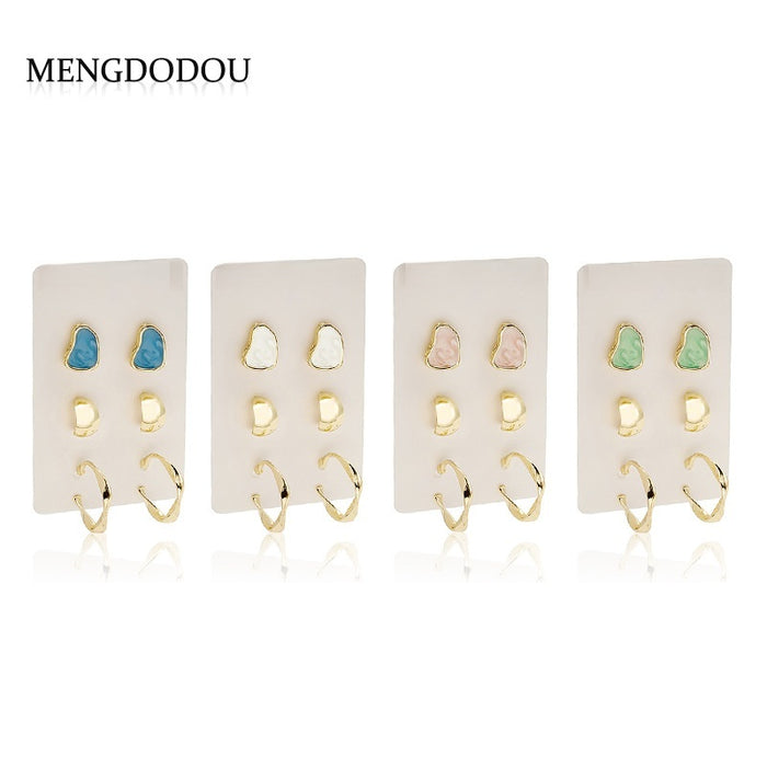 Elegant Korean Minimalist 3 Pair Set Irregular Enamel Studs With Gold Alloy Open Hoop Drop Earrings