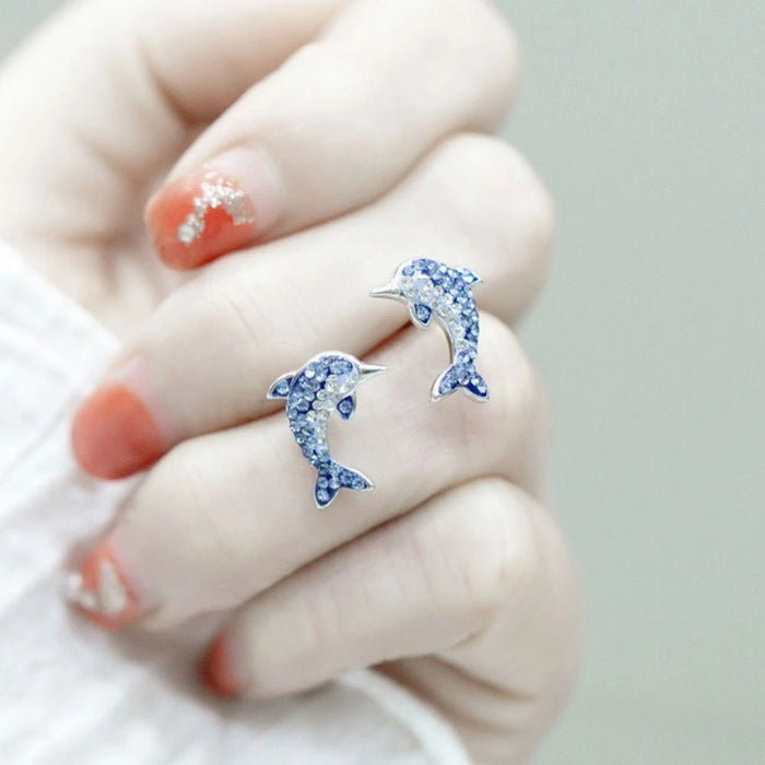 Sweet Blue Dolphin Stud Earrings For Women, Korean Japanese Simple Fresh Ear Jewelry