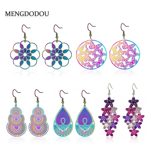 Colorful Stainless Steel Filigree Flower Butterfly Teardrop Fan Bohemian Ethnic Dangle Earrings