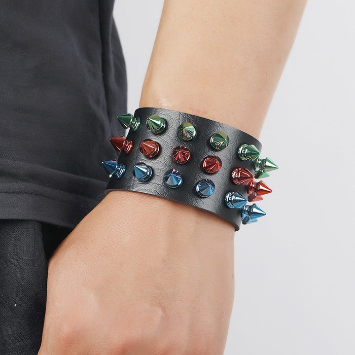 Three Row Colorful Spike Punk Leather Bracelet Exaggerated Street Performance Wrist Jewelry