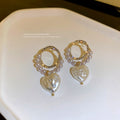 Korean Style Pearl Heart Drop Earrings With Rhinestone Hoop And Sterling Silver Posts view 4