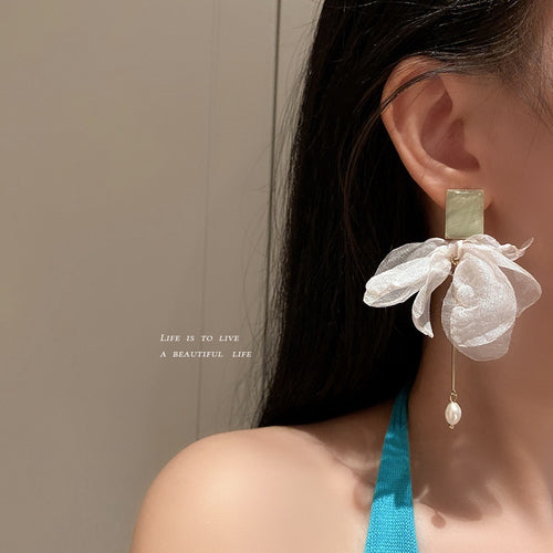 Korean Style Organza Fabric Long Drop Earrings With Silver Pins Irregular Geometric Light Luxury Jewelry