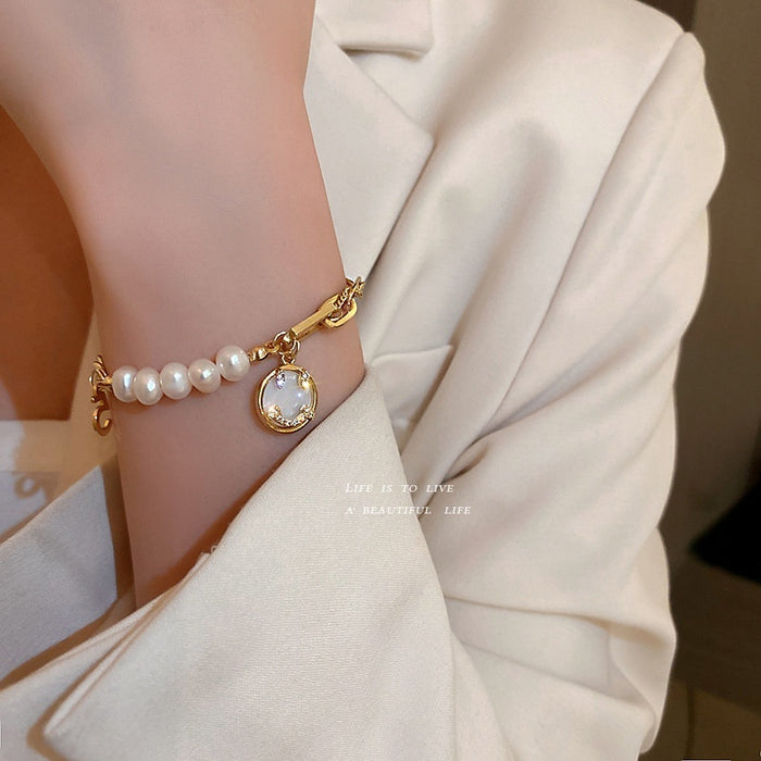 Korean Style Freshwater Pearl Rhinestone Smiley Number Letter Bangle For Women