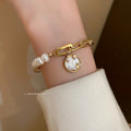 Korean Style Freshwater Pearl Rhinestone Smiley Number Letter Bangle For Women view 3