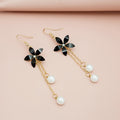 Elegant Black Flower Alloy Chain Tassel Pearl Drop Earrings For Women Korean Long Dangle Earrings view 2