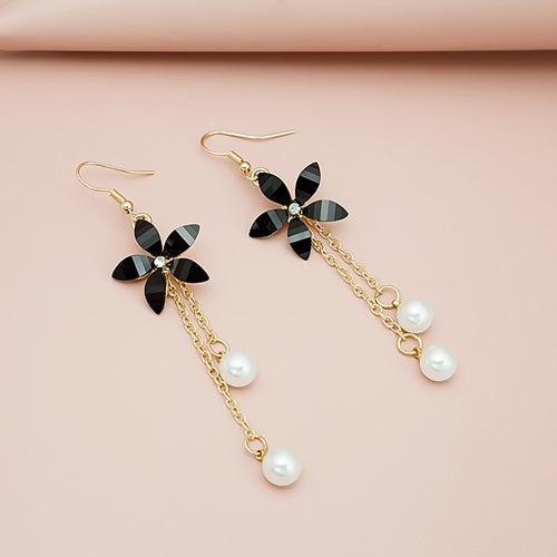 Elegant Black Flower Alloy Chain Tassel Pearl Drop Earrings For Women Korean Long Dangle Earrings