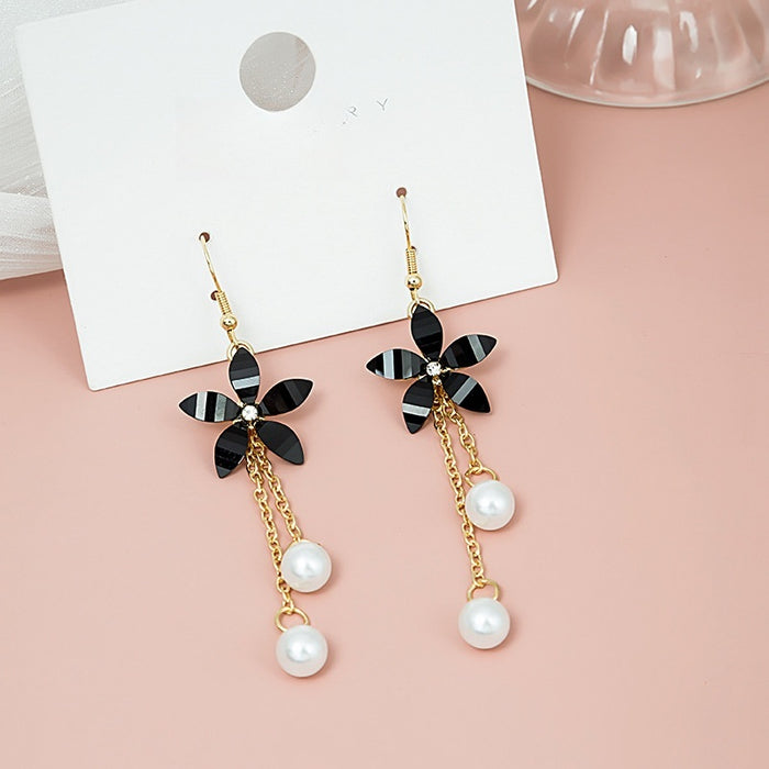 Elegant Black Flower Alloy Chain Tassel Pearl Drop Earrings For Women Korean Long Dangle Earrings