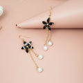 Elegant Black Flower Alloy Chain Tassel Pearl Drop Earrings For Women Korean Long Dangle Earrings view 4