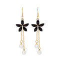 Elegant Black Flower Alloy Chain Tassel Pearl Drop Earrings For Women Korean Long Dangle Earrings view 5