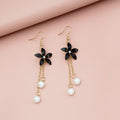 Elegant Black Flower Alloy Chain Tassel Pearl Drop Earrings For Women Korean Long Dangle Earrings view 3